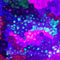 Metallic and fluorescent acrylics painting with colorful rosettes, under UV light